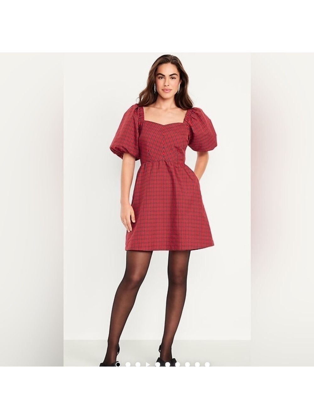 Old Navy Puff-Sleeve Plaid Smocked Fit & Flare Taffeta Holidays Mini Dress NWT